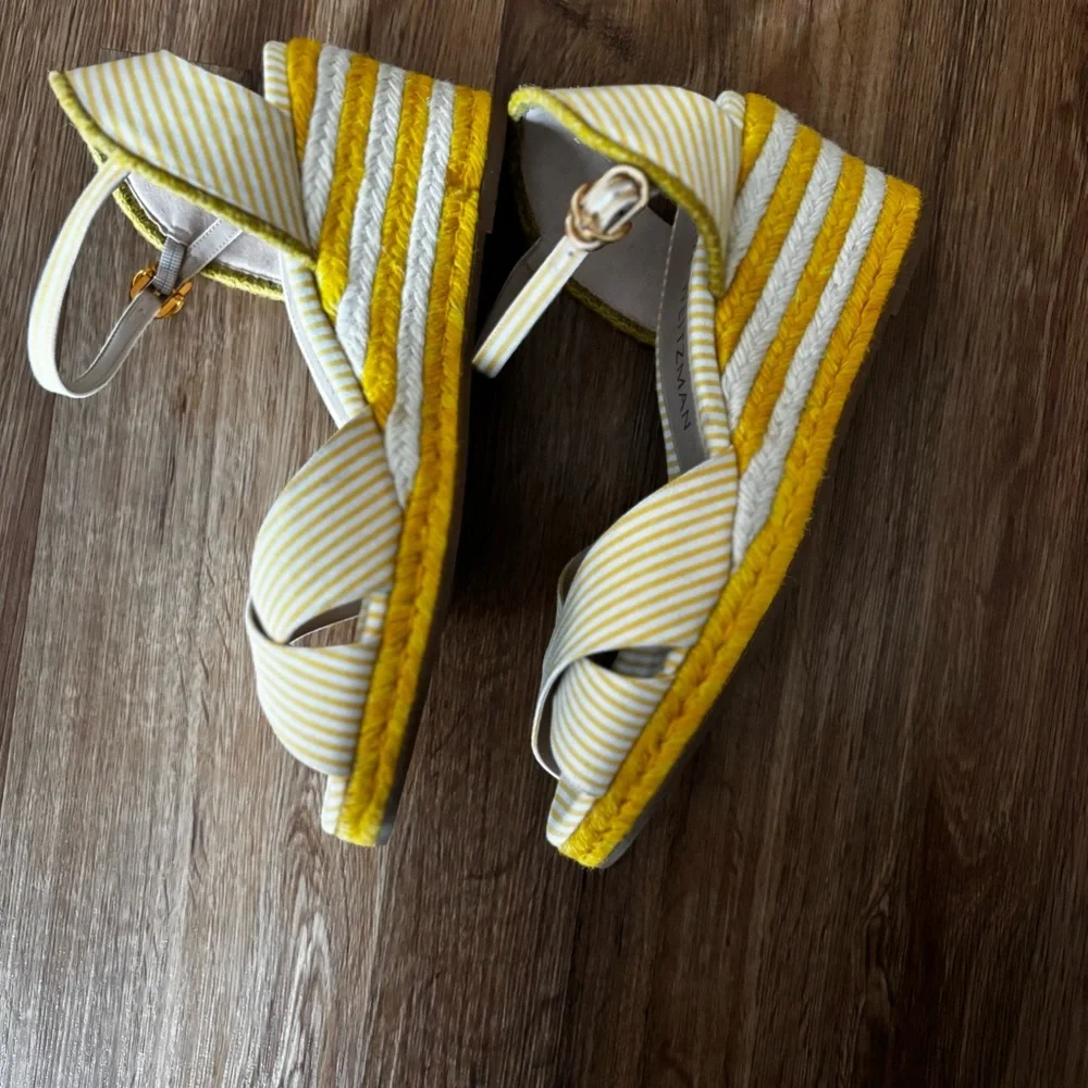 Stuart Weitzman Yellow and White Striped Espadrille Wedge Sandals Mirela - Picture 9 of 12
